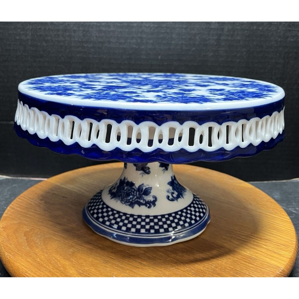 Vintage Cracker Barrel Blue & White Porcelain Pedestal Cake Plate Stand 11" READ
